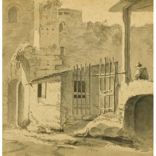 An Italian Courtyard with a Gateway and Seated Figure